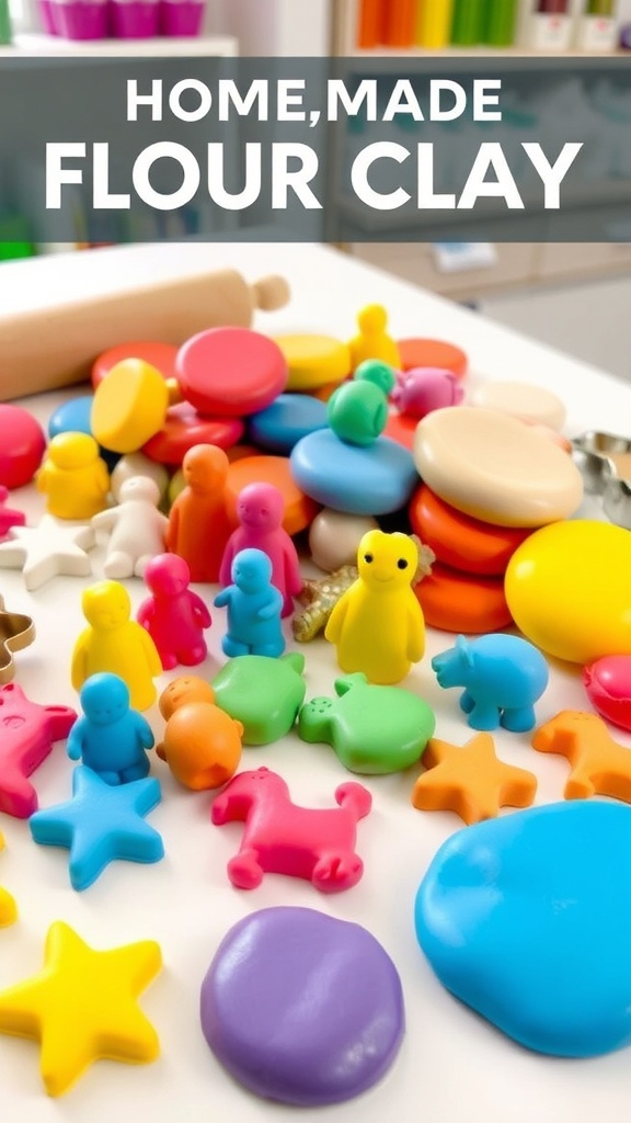 Colorful homemade flour clay shaped into figures on a crafting table.